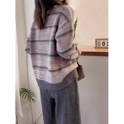 大碼胖mm復古減齡條紋針織衫女秋季新款顯瘦慵懶風軟糯毛衣打底衫