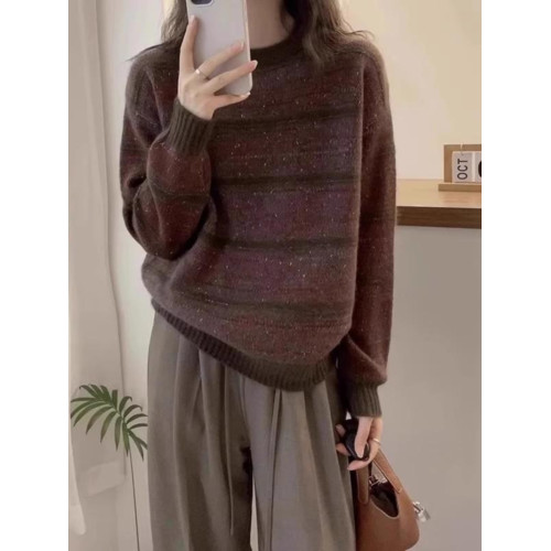 大碼胖mm復古減齡條紋針織衫女秋季新款顯瘦慵懶風軟糯毛衣打底衫