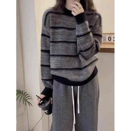 大碼胖mm復古減齡條紋針織衫女秋季新款顯瘦慵懶風軟糯毛衣打底衫