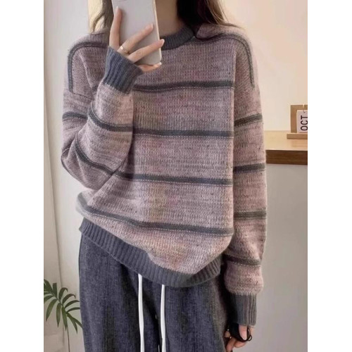 大碼胖mm復古減齡條紋針織衫女秋季新款顯瘦慵懶風軟糯毛衣打底衫