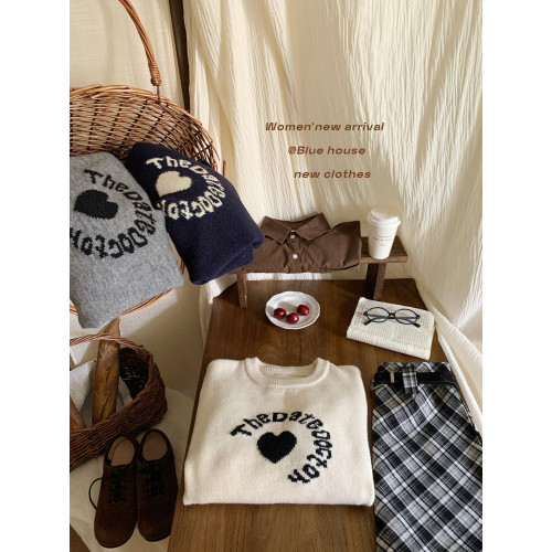 韓系簡約愛心字母提花針織上衣女秋冬季復古寬松外穿內搭套頭毛衣