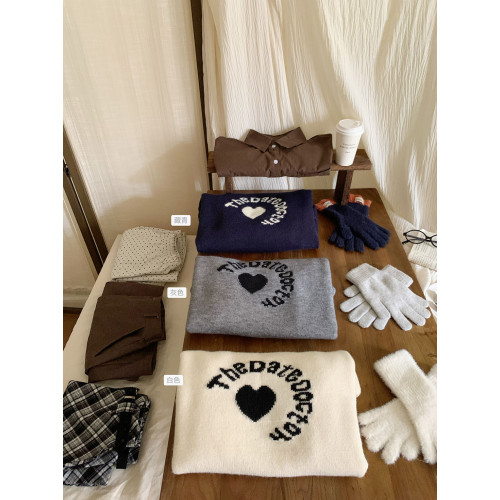 韓系簡約愛心字母提花針織上衣女秋冬季復古寬松外穿內搭套頭毛衣