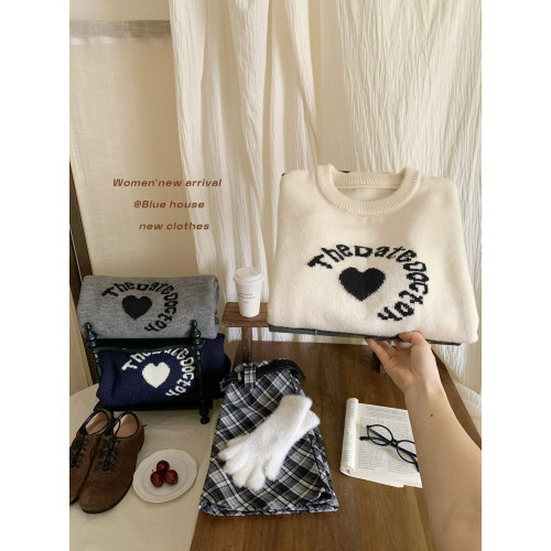 韓系簡約愛心字母提花針織上衣女秋冬季復古寬松外穿內搭套頭毛衣