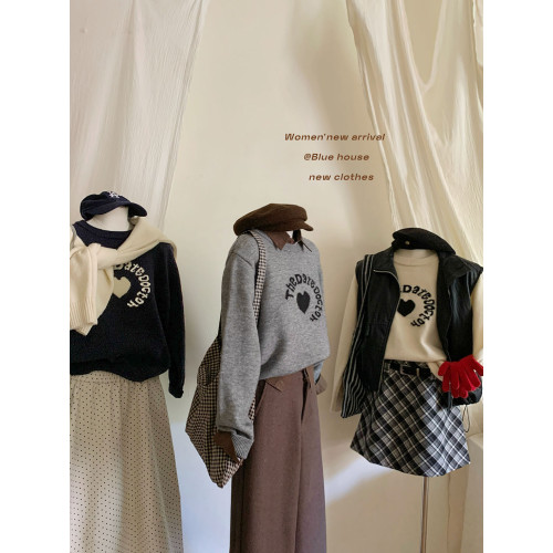 韓系簡約愛心字母提花針織上衣女秋冬季復古寬松外穿內搭套頭毛衣