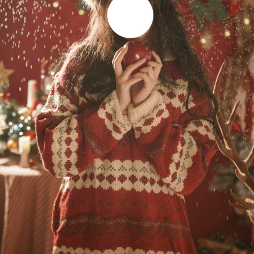 聖誕穿搭費爾島紅色針織毛衣女秋冬季2025新款小個子慵懶加厚上衣