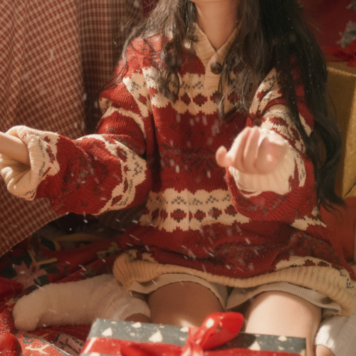 聖誕穿搭費爾島紅色針織毛衣女秋冬季2025新款小個子慵懶加厚上衣