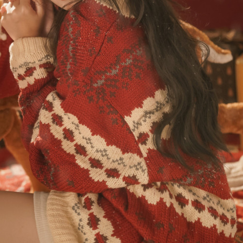 聖誕穿搭費爾島紅色針織毛衣女秋冬季2025新款小個子慵懶加厚上衣