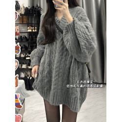 大碼胖MM復古V領藏青色麻花毛衣女秋冬慵懶軟糯寬松百搭針織上衣