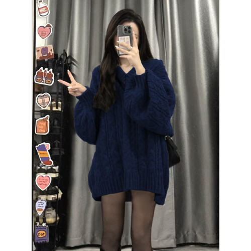 大碼胖MM復古V領藏青色麻花毛衣女秋冬慵懶軟糯寬松百搭針織上衣 大碼胖MM復古V領藏青色麻花毛衣女秋冬慵懶軟糯寬松百搭針織上衣