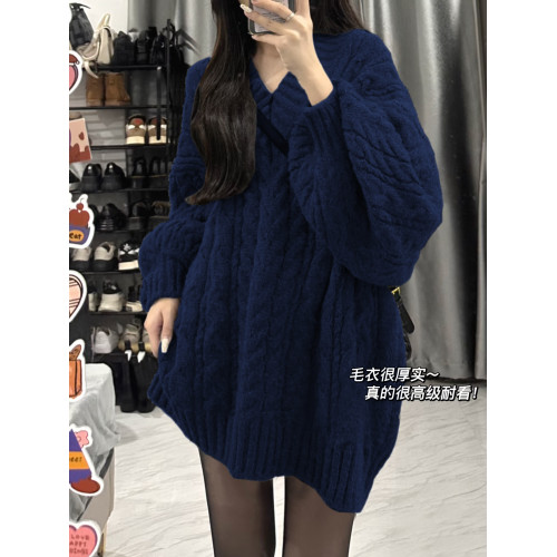 大碼胖MM復古V領藏青色麻花毛衣女秋冬慵懶軟糯寬松百搭針織上衣 大碼胖MM復古V領藏青色麻花毛衣女秋冬慵懶軟糯寬松百搭針織上衣