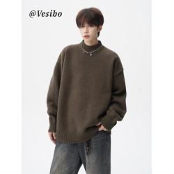 美式半高領打底毛衣男冬季慵懶感純色情侶針織衫cleanfit百搭線衣