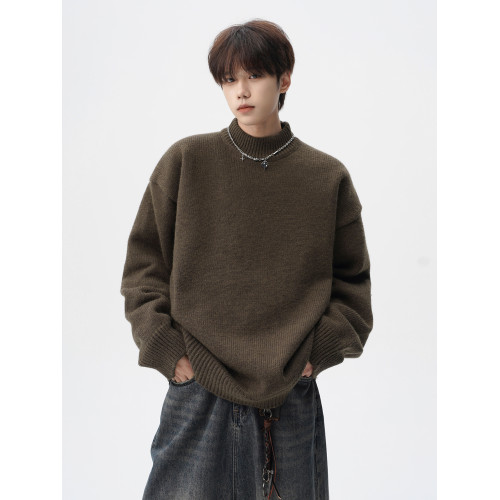 美式半高領打底毛衣男冬季慵懶感純色情侶針織衫cleanfit百搭線衣