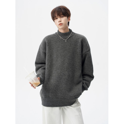 美式半高領打底毛衣男冬季慵懶感純色情侶針織衫cleanfit百搭線衣