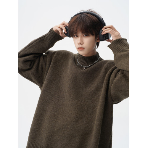 美式半高領打底毛衣男冬季慵懶感純色情侶針織衫cleanfit百搭線衣