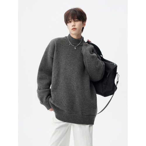 美式半高領打底毛衣男冬季慵懶感純色情侶針織衫cleanfit百搭線衣