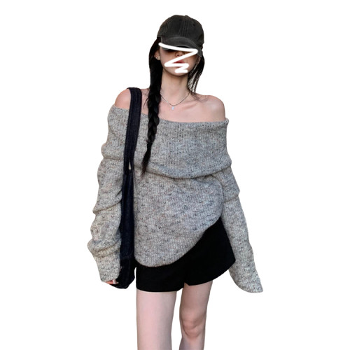 一字肩灰色純欲毛衣女秋冬季2025新款設計感慵懶風高級感露肩上衣
