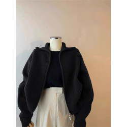 黑色春秋拉鍊高領針織毛衣女秋冬寬松軟糯高級感加厚羊毛開衫外套