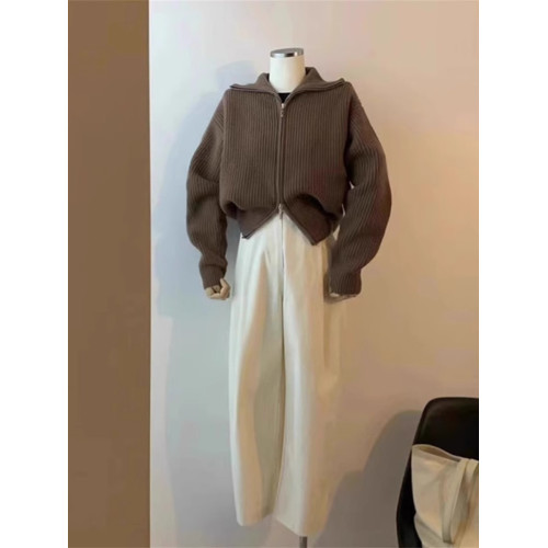 黑色春秋拉鍊高領針織毛衣女秋冬寬松軟糯高級感加厚羊毛開衫外套