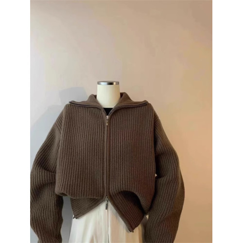 黑色春秋拉鍊高領針織毛衣女秋冬寬松軟糯高級感加厚羊毛開衫外套