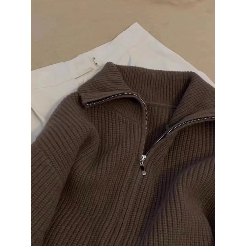 黑色春秋拉鍊高領針織毛衣女秋冬寬松軟糯高級感加厚羊毛開衫外套