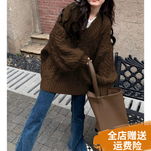 大碼胖MM美式復古咖色美拉德穿搭毛衣女秋冬慵懶軟糯V領麻花上衣