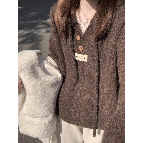 高級感咖色連帽毛衣女冬季慵懶風美拉德穿搭寬松外套針織衫上衣女