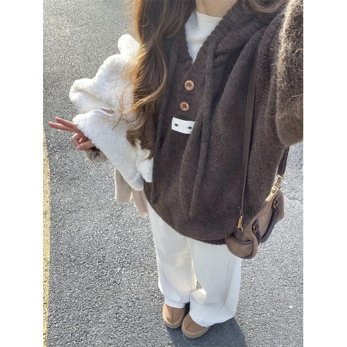 高級感咖色連帽毛衣女冬季慵懶風美拉德穿搭寬松外套針織衫上衣女