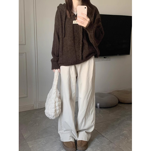 高級感咖色連帽毛衣女冬季慵懶風美拉德穿搭寬松外套針織衫上衣女