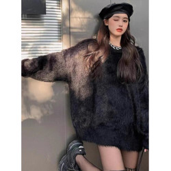 黑色水貂絨寬松針織上衣加厚套頭慵懶風馬海毛軟糯毛衣女秋冬外穿