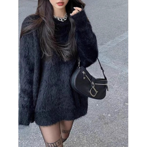 黑色水貂絨寬松針織上衣加厚套頭慵懶風馬海毛軟糯毛衣女秋冬外穿