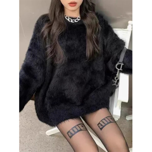 黑色水貂絨寬松針織上衣加厚套頭慵懶風馬海毛軟糯毛衣女秋冬外穿