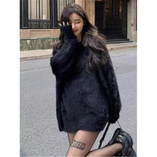 黑色水貂絨寬松針織上衣加厚套頭慵懶風馬海毛軟糯毛衣女秋冬外穿