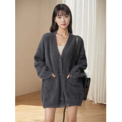 秋冬新款仿貂絨針織開衫女毛衣馬海毛寬松V領慵懶風加厚顯瘦外套