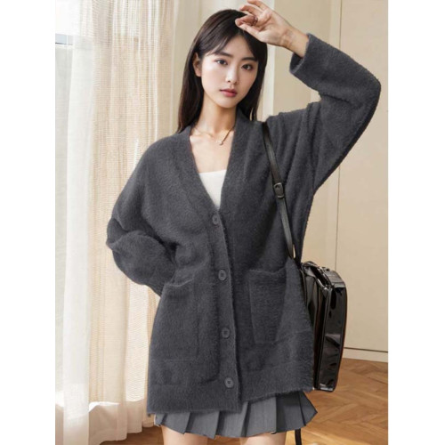 秋冬新款仿貂絨針織開衫女毛衣馬海毛寬松V領慵懶風加厚顯瘦外套