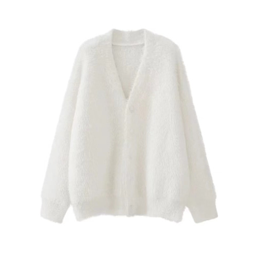 秋冬新款仿貂絨針織開衫女毛衣馬海毛寬松V領慵懶風加厚顯瘦外套