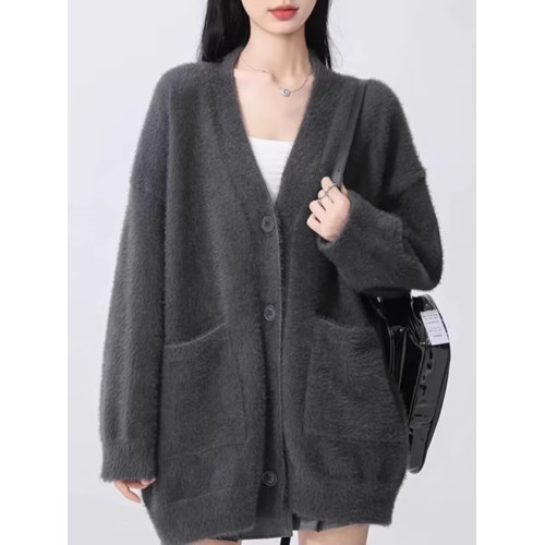 秋冬新款仿貂絨針織開衫女毛衣馬海毛寬松V領慵懶風加厚顯瘦外套