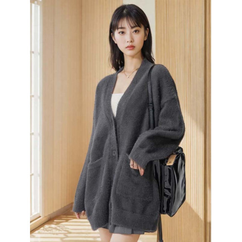 秋冬新款仿貂絨針織開衫女毛衣馬海毛寬松V領慵懶風加厚顯瘦外套