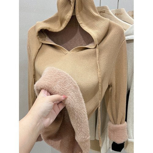 水貂毛加絨加厚v領毛衣女秋冬2025新款針織衫連帽衛衣上衣打底衫