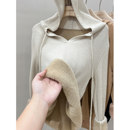 水貂毛加絨加厚v領毛衣女秋冬2025新款針織衫連帽衛衣上衣打底衫