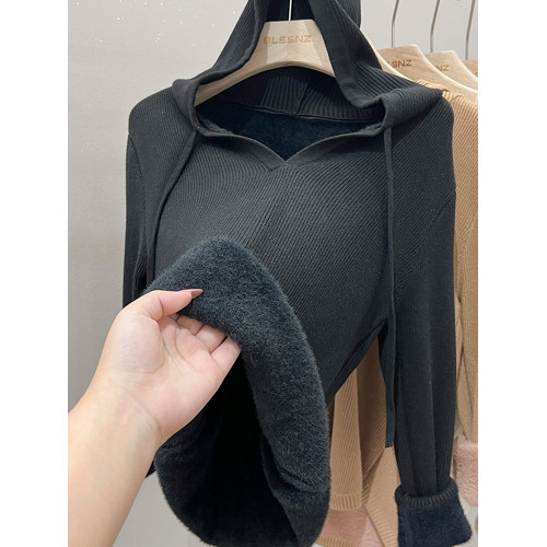 水貂毛加絨加厚v領毛衣女秋冬2025新款針織衫連帽衛衣上衣打底衫