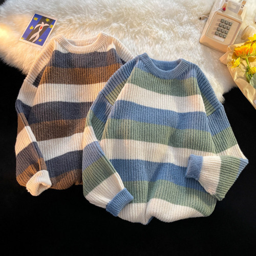 圓領毛衣男秋冬季韓版潮流寬松拼色毛線衣日系撞色情侶條紋針織衫