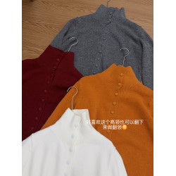 Mmao軟糯單排釦高領毛衣女冬季新款翻領針織開衫內搭上衣寬松加厚