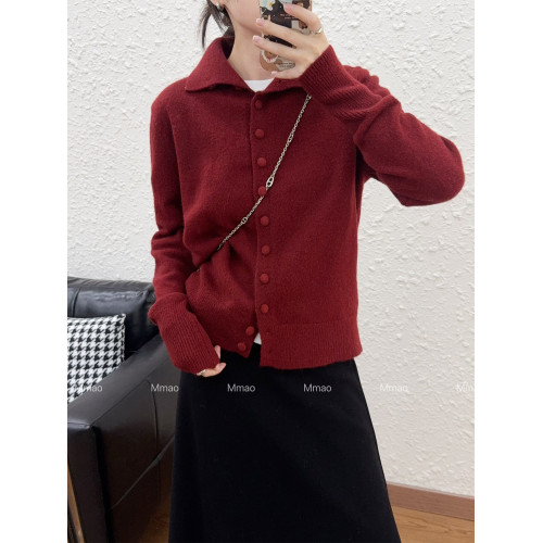 Mmao軟糯單排釦高領毛衣女冬季新款翻領針織開衫內搭上衣寬松加厚