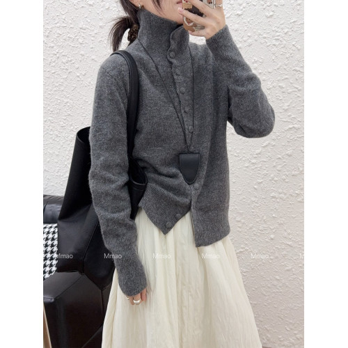 Mmao軟糯單排釦高領毛衣女冬季新款翻領針織開衫內搭上衣寬松加厚