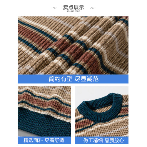 WASSUP ISSUE美式圓領針織衫男款秋冬季高級感痞帥復古條紋毛衣男