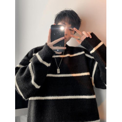 大碼300斤慵懶風條紋毛衣男秋冬季美式潮牌高級感軟糯毛絨針織衫2