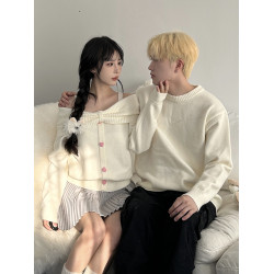 韓系情侶裝春秋溫柔甜美蝴蝶結一字肩毛衣高級感純欲露肩針織上衣