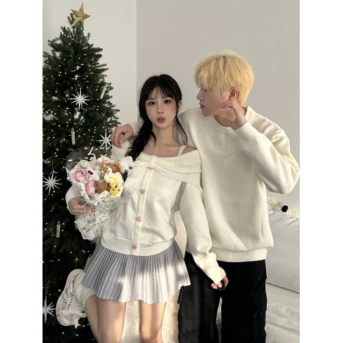 韓系情侶裝春秋溫柔甜美蝴蝶結一字肩毛衣高級感純欲露肩針織上衣