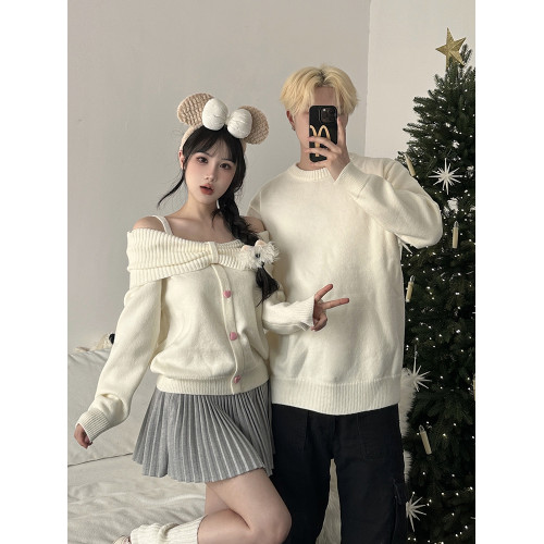 韓系情侶裝春秋溫柔甜美蝴蝶結一字肩毛衣高級感純欲露肩針織上衣