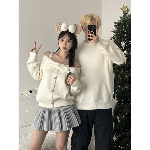 韓系情侶裝春秋溫柔甜美蝴蝶結一字肩毛衣高級感純欲露肩針織上衣